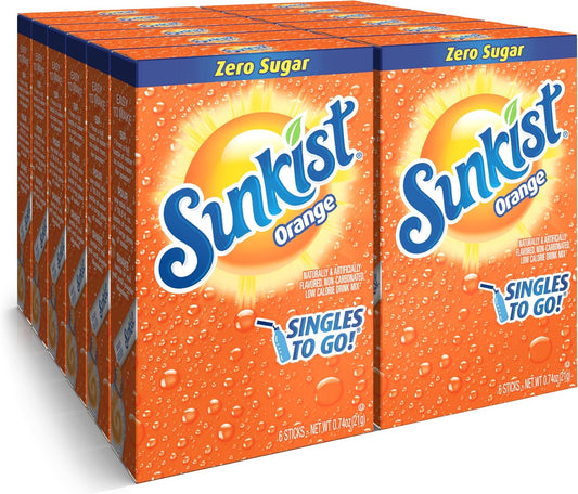Sunkist Soda Orange Singles To Go Drink Mix, 12 Boxes with 6 Packets Each - 72 Total Servings