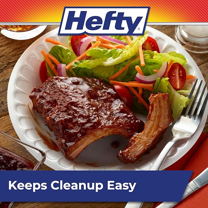 Hefty Everyday Soak Proof Disposable Foam Plates, 8.9 Inches, 100 Count, Disposable White Plates for Lunch, Salads, and Appetizers, Great for Everyday Use, Easy Cleanup