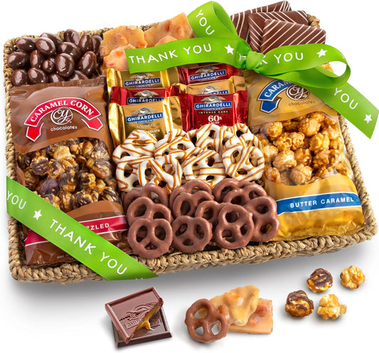 A Gift Inside Thank You Chocolate Caramel and Crunch Grand Gift Basket with Snacks, Pretzels, Ghirardelli and Chocolate-covered Nuts