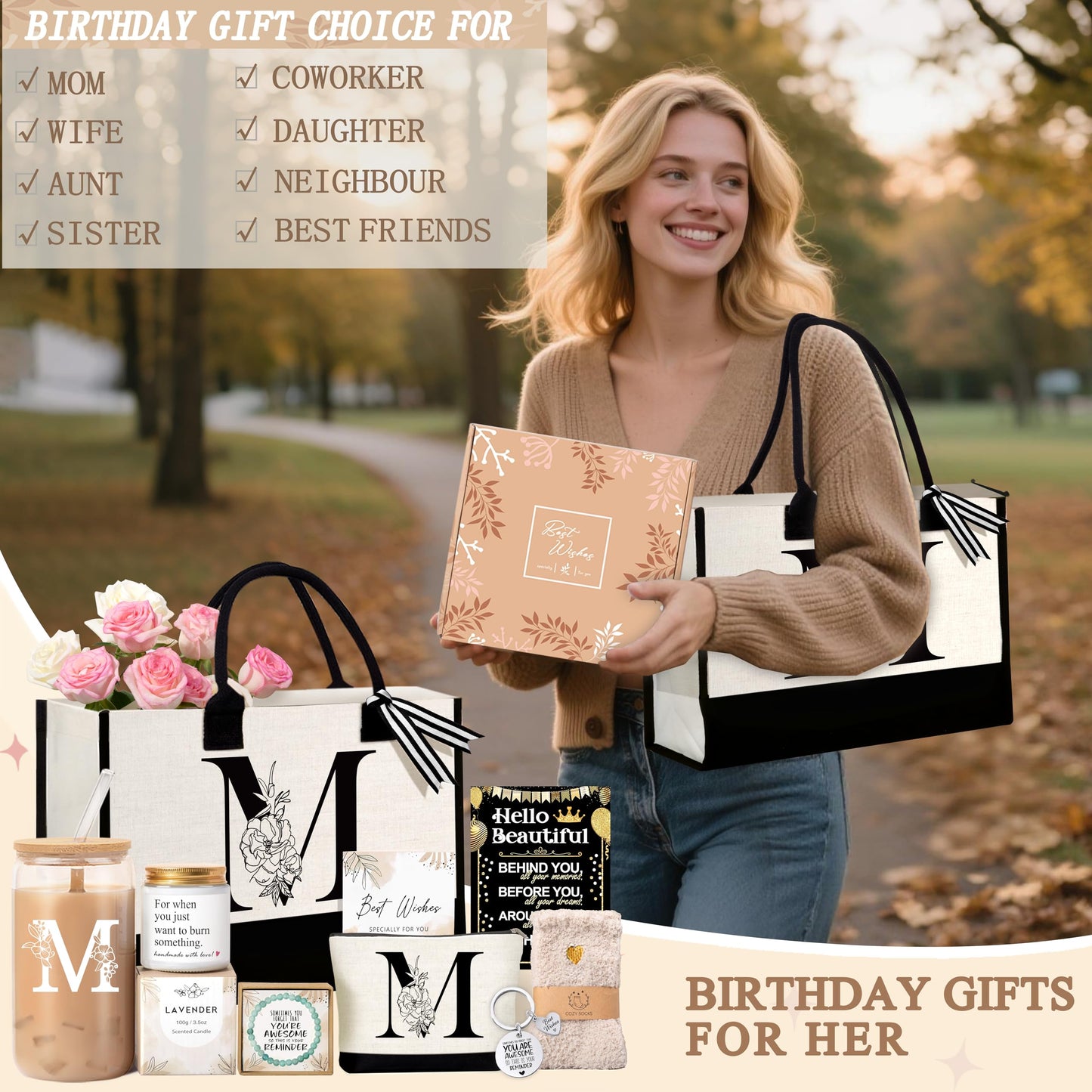 Lepiche Birthday Gifts for Women, Monogrammed Initial Gift for Teacher Wife Mom, Tote Bag,Glass Cup Gift Basket Personalized Christmas Mother's Teacher Appreciation Day,M