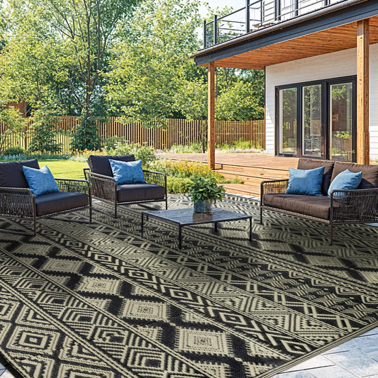 Waterproof Outdoor Rug 9x12 ft, Reversible Plastic Straw Patio Camping Rugs, Outdoor Indoor RV Mat Carpet for Patio, Outside Entry, Backyard, Deck, Bench, Picnic, Camper(9x12,Black&Beige)