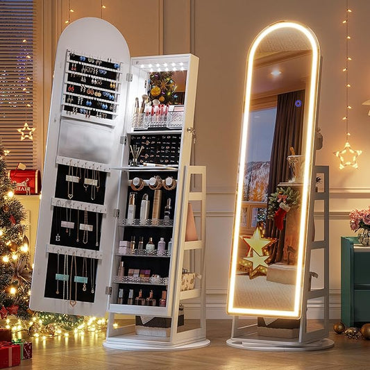 LVSOMT LED Mirror Jewelry Cabinet Standing, Lockable Jewelry Armoire with Arched Full-Length Mirror and Adjustable LED Lights, Space-Saving Jewelry Organizer with Mirror(White)