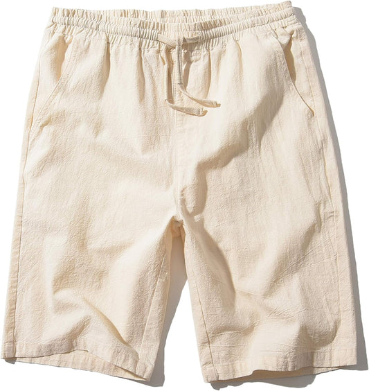 SIR7 Men's Linen Casual Classic Fit 11 Inch Inseam Elastic Waist Shorts with Drawstring