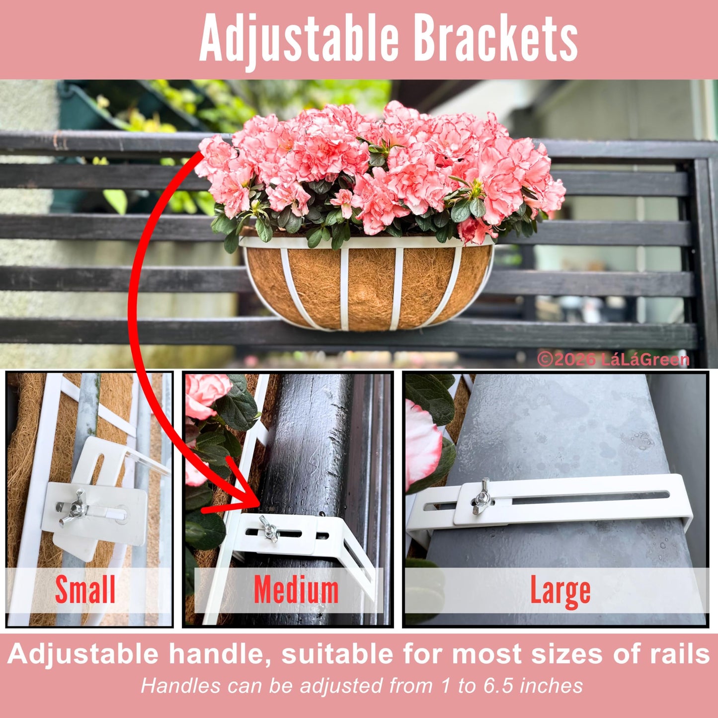 LaLaGreen Deck Railing Planters (2 Pack, 16 Inch) White Metal Rectangular Window Flower Box with Coco Liner, Wall Hanging Planter for Outdoor Plants Deck Rail Fence Balcony Patio Porch Garden Decor