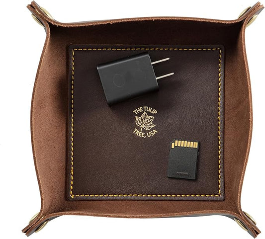USA Handmade Premium Leather Valet Tray, Folds Flat! Dice Rolling Basket and Organizer with Brass Rivets (Brown Gold, Medium)