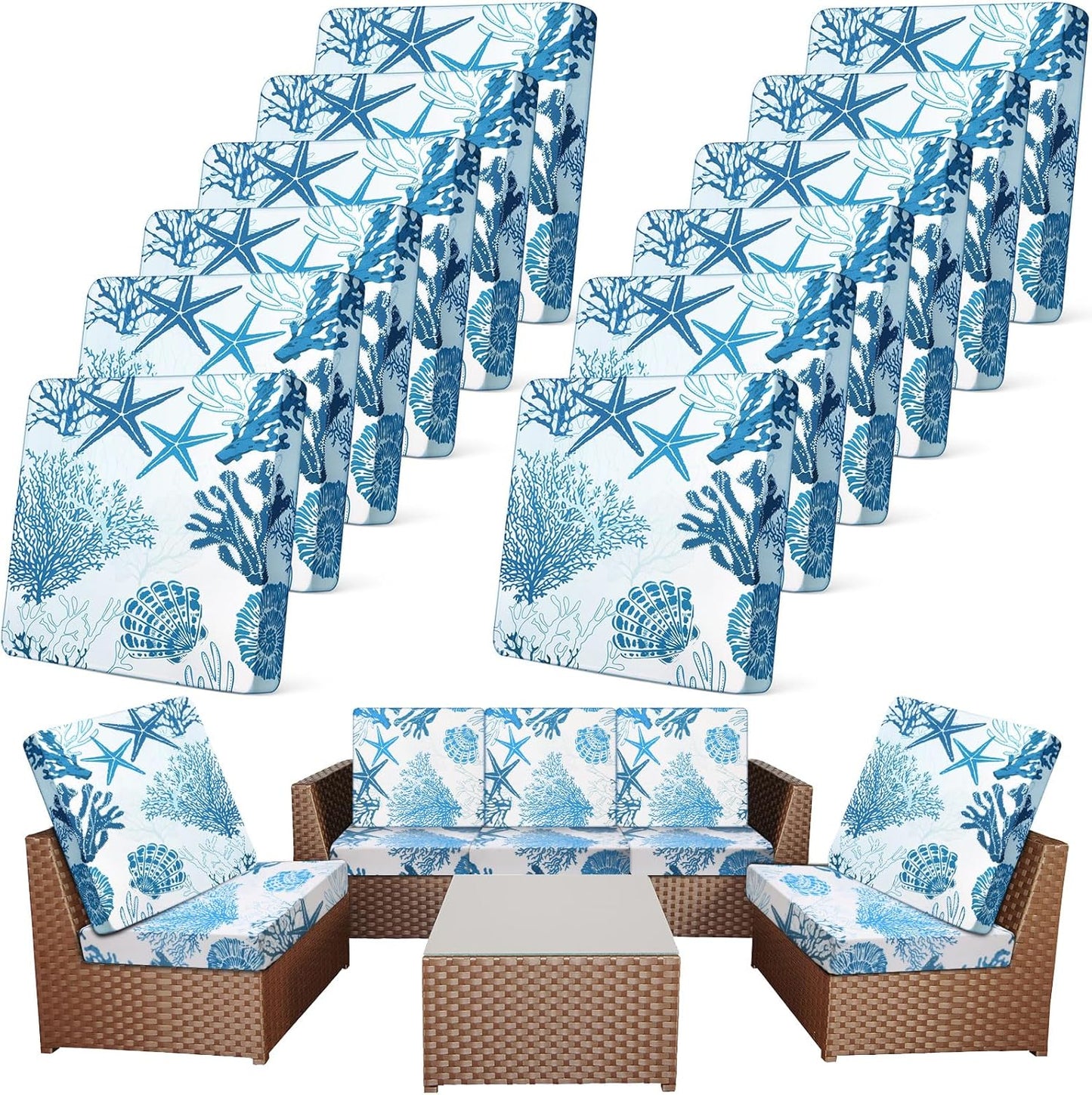Newwiee 12 Pcs Patio Cushion Covers Outdoor Stretch Sofa Couch Cover Replacement Couch Slipcover Sofa Seat Chair Porch Patio Furniture Protector, Flexibility Washable(Light Blue,Ocean)