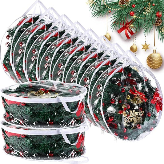 Shappy 10 Pcs 36 Inch Christmas Wreath Storage Container Clear Wreath Storage Bags PVC Waterproof Garland Bags with Clear Window Dual Zippers and Handles for Xmas Holiday Artificial Garland (White)