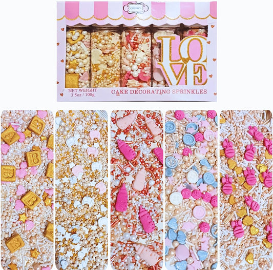 Confect Girls Baby Shower Sprinkles | Mix Baby Bib, Baby Feed Bottle, Button, Heart & Star Sprinkles | Assorted Pack of 5 Edible Sprinkles | Vegan, Gluten-Free, Nut-Free, Soy-Free, Dairy-Free, Palm Oil-Free - 5 Oz