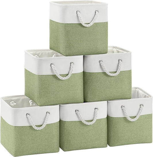 Fabric Cubes Storage Basket, 6 Pack 11x11 in with Handles Cube Storage Bins, for Shelves, Home, Office Organizers (White/ Green)