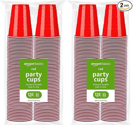 Amazon Basics Disposable Red Plastic Party Cups, BPA-Free, 18oz, for Birthdays, BBQs and Events, 120 Count (Pack of 2)