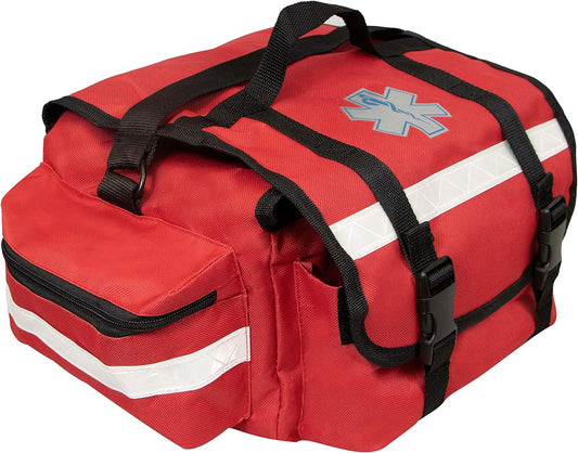 Primacare KB-RO74-R First Responder Trauma Bag, 17" x 9" x 7", Red — EMT/EMS Medical Supply Organizer with Padded Dividers, Multiple Compartments, Side Pockets, Reflective Strip, Durable Design