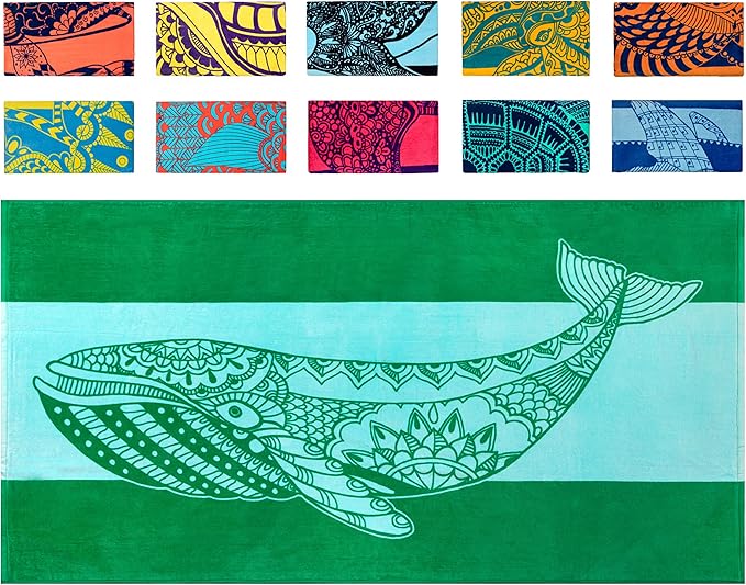 Nova Blue Whale Beach Towel (34 X 63) â Green Oversized Beach Towel with Whale Design Quick Dry BeachTowels Made from 100% Cotton â Sand Free Beach Towels â Extra Large BeachTowel