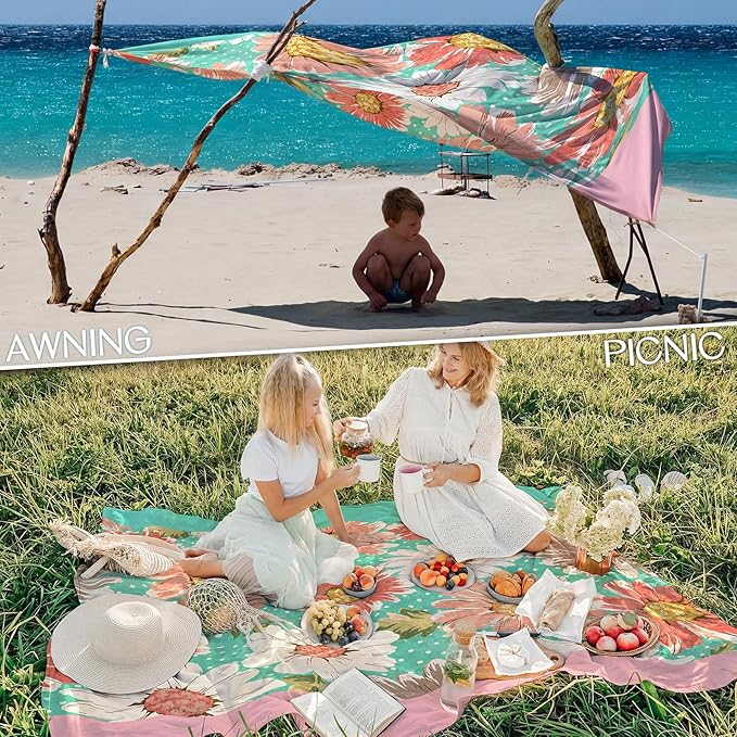 BYDOLL Beach Blanket Waterproof Sandproof 78''×110'' Suits1-7 Adults Compact Lightweight Oversized Sand-Free Blanket Large Picnic Mat for Beach Travel Camping Hiking