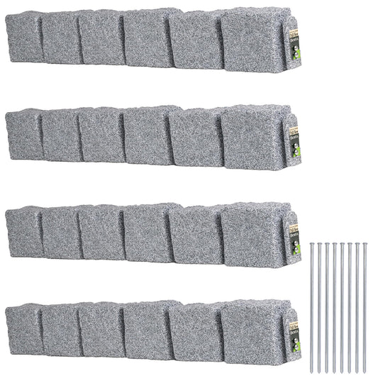 Beuta Landscape Edging | Garden Edging Border | Faux Stone Blocks for Lawn Edging, Flower Beds & Yard Edging â 4 Pack | Each Section Has 6 Blocks 48" L x 4" W x 6.5" H | 8 Spikes | Greystone