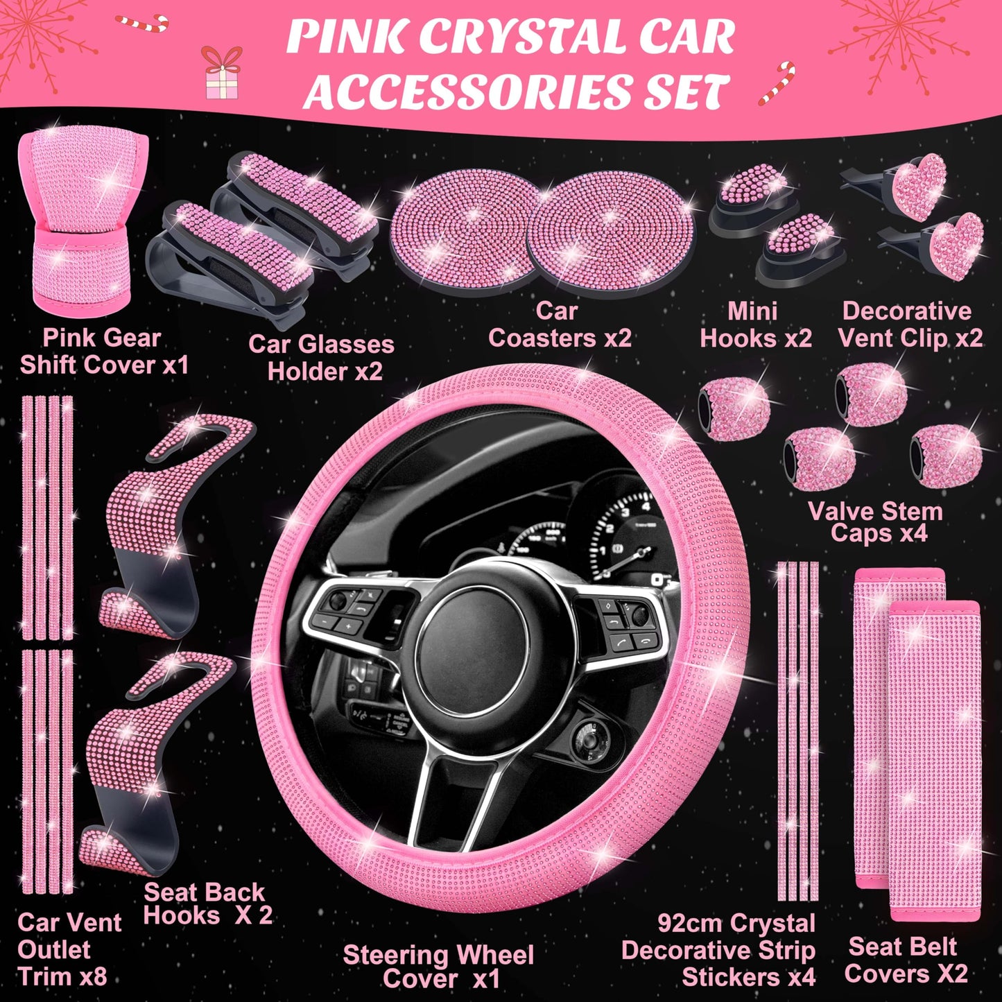 Advent Calendar 2025 for Women - 24 Days of Pink Car Accessories Gift Set, Christmas Countdown Calendar with Sparkly Interior Décor, Luxury Holiday Gifts for Wife, Girlfriend, Mom, Coworker
