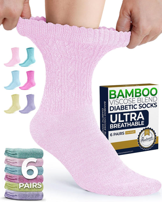 Pembrook Diabetic Socks for Women - 6 Pairs Cable Knit Viscose Bamboo Socks Woman, Non-Binding Top, Moisture-Wicking