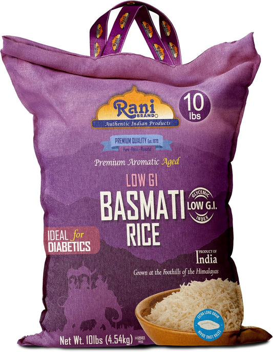 Rani White Basmati Rice Low GI (Glycemic Index) Extra Long Aged, Ideal for Diabetics, 10lbs (160oz) 4.53kg Cloth Bag ~ All Natural | Gluten Free | Vegan | Indian Origin | Export Quality