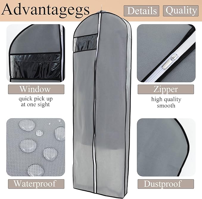 Dress Bags for Gowns Long, 1 Pack 65" Garment Bags for Hanging Clothes, 4" Gusseted Clothing Bags for Closet Storage and Travel, Suit Bags for Coats, Jackets, Shirts and Sweater (1)