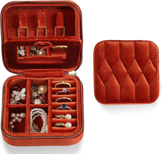 Velvet Jewelry Box â Travel Jewelry Case Organizer with Mirror, Adjustable Compartments for Women | Luxury Storage Case & Gift for Her - Caramel