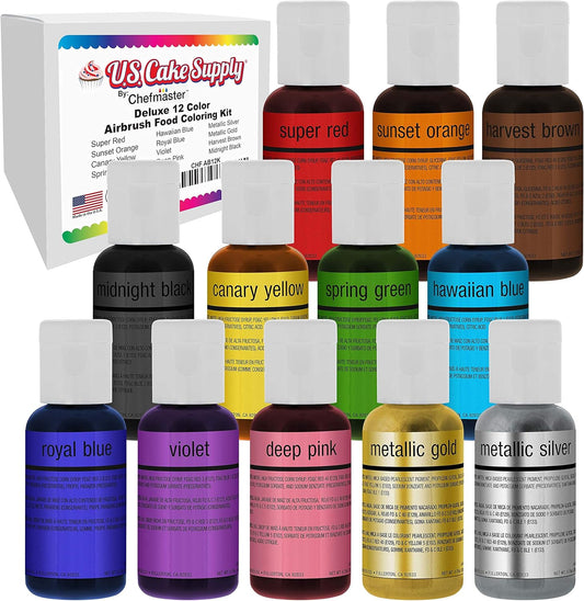 U.S. Cake Supply Airbrush Cake Color Set - The 12 Most Popular Colors in 0.64 fl. oz. (19ml) Bottles Made in the USA