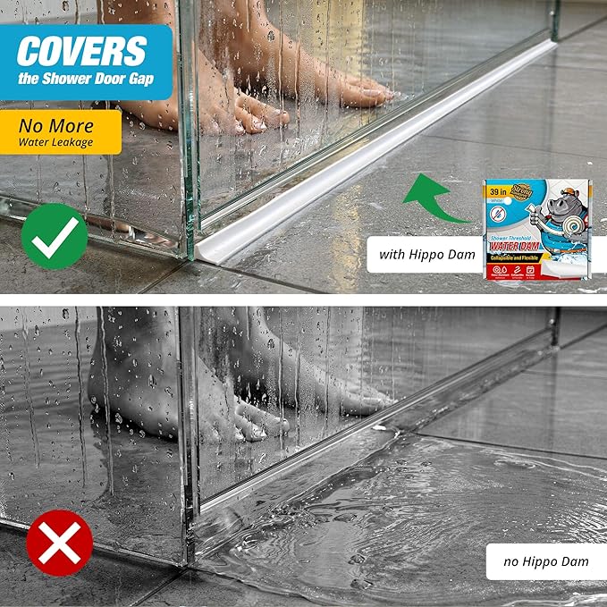 Shower Threshold Water Dam Barrier 39" - White Collapsible Walk in Shower Water Guard - Door Bottom Seal Strip Leak Guard by Hippo Dam