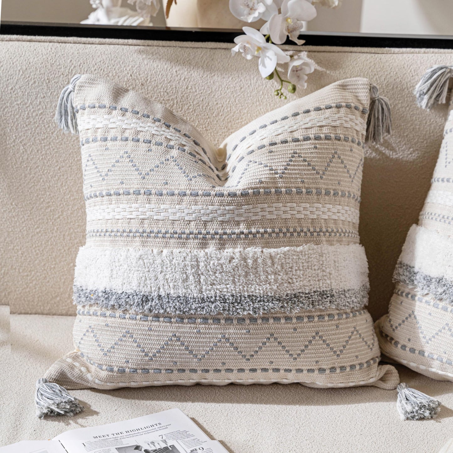 BlissBlush Gray Decorative Throw Pillow Cover 20x20 Combo Set of 2 Square Boho Neutral Grey Accent Pillowcase Tassels Farmhouse Cushion for Couch Sofa Bedroom Living Room Home Décor Cover ONLY