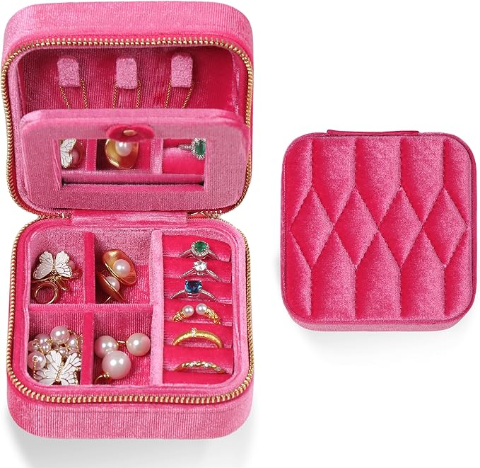 Velvet Jewelry Box â Travel Jewelry Case Organizer with Mirror, Adjustable Compartments for Women | Luxury Storage Case & Gift for Her - BarbiePink