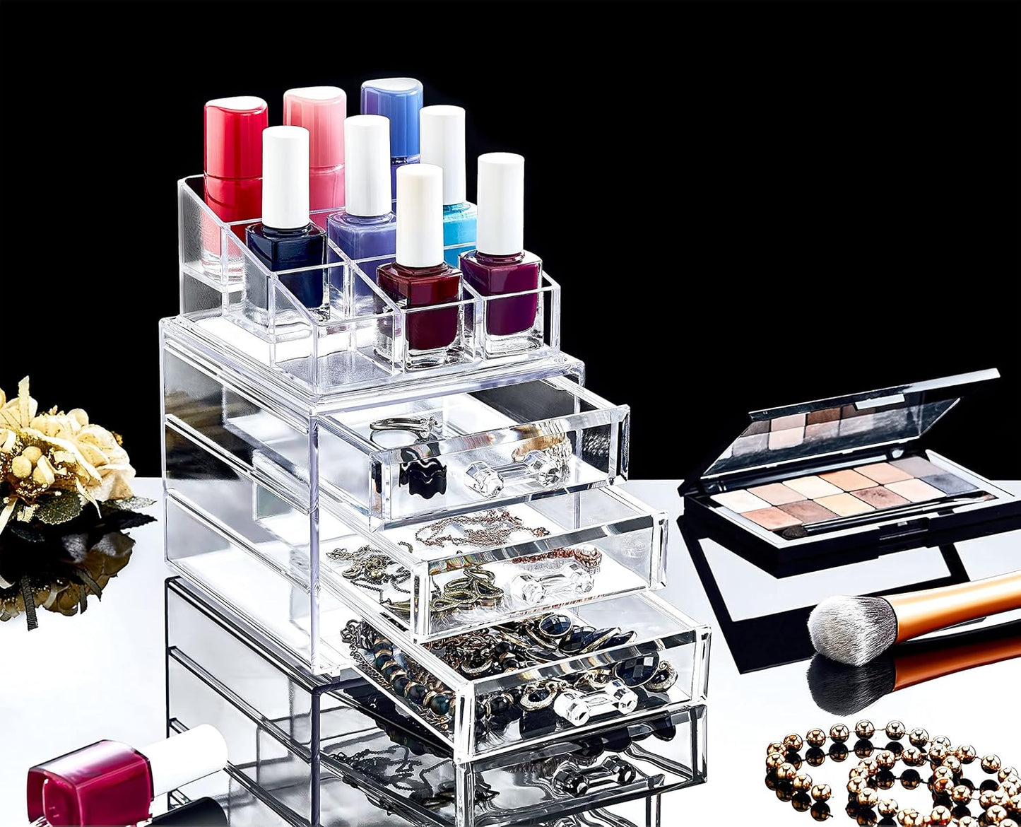 Boxup Makeup Organizer 3 Drawers,Makeup Organizers For Nail Polishers Clear Cosmetic Display Cases Stackable Storage Box With 3 Drawers For Vanity