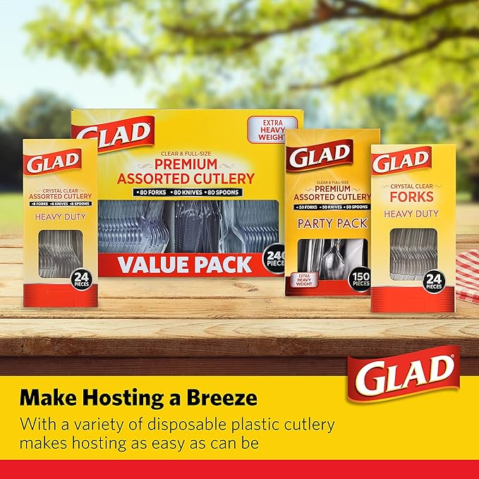 Glad Clear Disposable Cutlery Set with Heavy Duty Plastic Forks, Knives, and Spoons, Reusable Dishwasher Safe Plastic Utensils for Parties and Everyday Use, 240 Count - 6 Pack