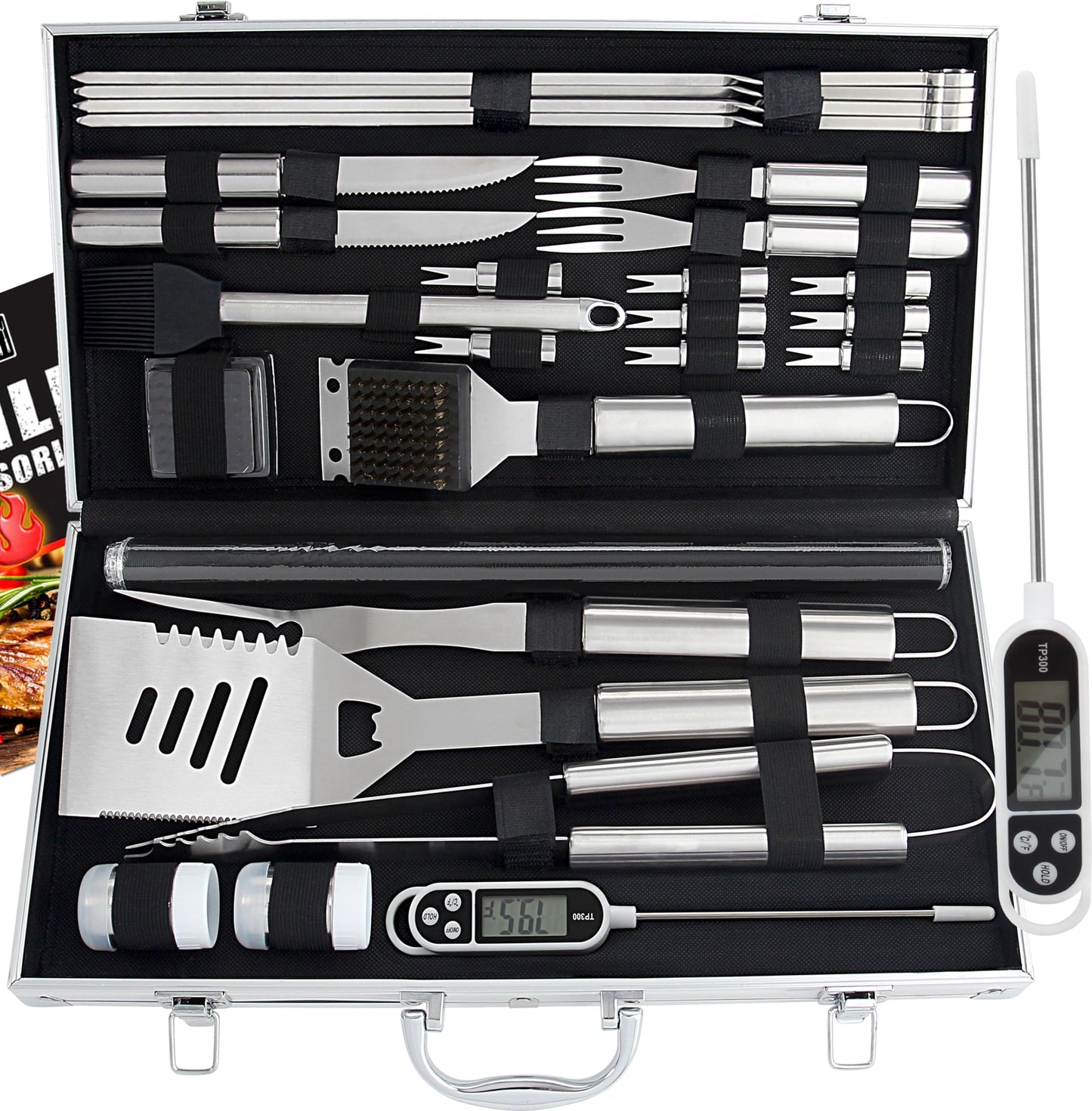 ROMANTICIST 28pcs BBQ Accessories Set with Thermometer - The Very Best Grill Gift on Birthday Wedding - Heavy Duty Stainless Steel Grill Set in Case for Outdoor Cooking Camping Grilling Smoking