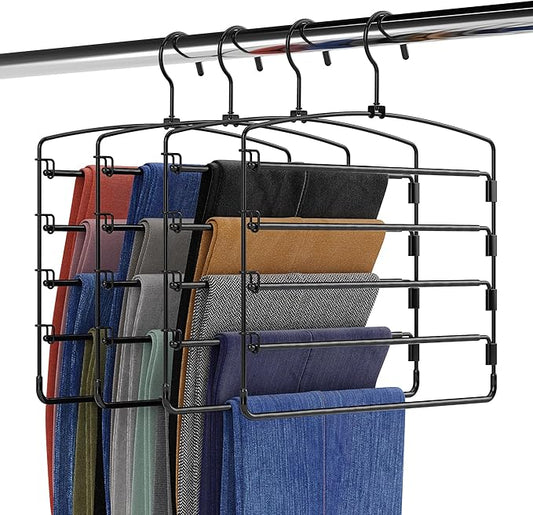 Fontaines Luxury 5 Tier Pants Hangers 4 Pack - Ultra Slim & Space Saving - Heavy Duty Metal Swivel Hook with Swing Arm for Clothing, Jeans, Slacks, Skirts, Leggings & Dress Pant Closet Organization