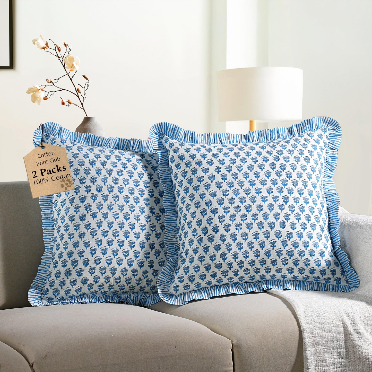 CPC Apatite Blue Ruffle Throw Pillow Covers for Couch, 18x18 Inch Cotton Stripe Ruffle Couch Pillows for Living Room, Hidden 14 Inch Zipper Boho Pillow Case or Cute Outdoor Pillows