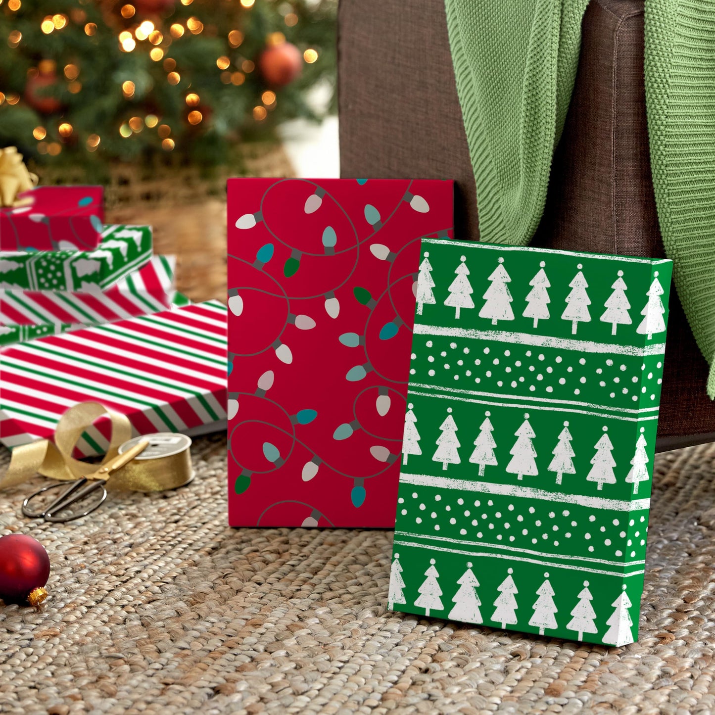 Hallmark Medium Christmas Gift Boxes with Lids (12 Shirt Boxes, 3 Designs: Lights, Trees, Red and Green Stripes) for Christmas, Holiday Parties, Hostess Gifts