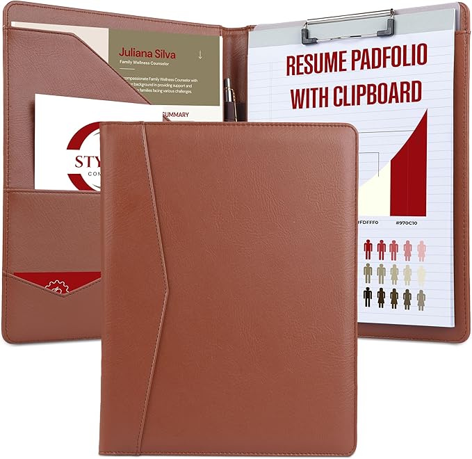 STYLIO Padfolio Folder with Removable Clipboard | Tan (Brown) Color| Portfolio Organizer | Binder with Storage for Notebook, Notepad | Nursing Clipboard Folio | Vegan Leather