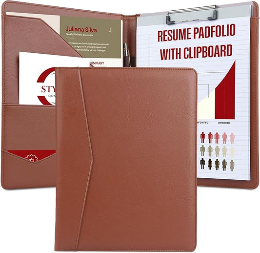 STYLIO Padfolio Folder with Removable Clipboard | Tan (Brown) Color| Portfolio Organizer | Binder with Storage for Notebook, Notepad | Nursing Clipboard Folio | Vegan Leather