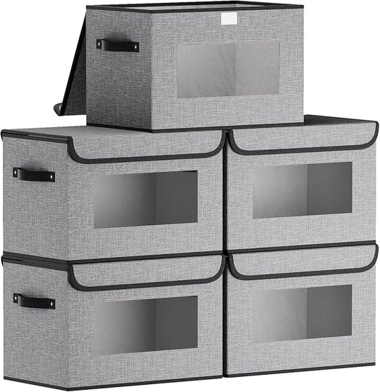 Fabric Storage Bins with Lids, Decorative Storage Boxes, 15 x 9.8 x 9.8 Inch Closet Organizers for Shelves with Handles, Gray, 5-Pack