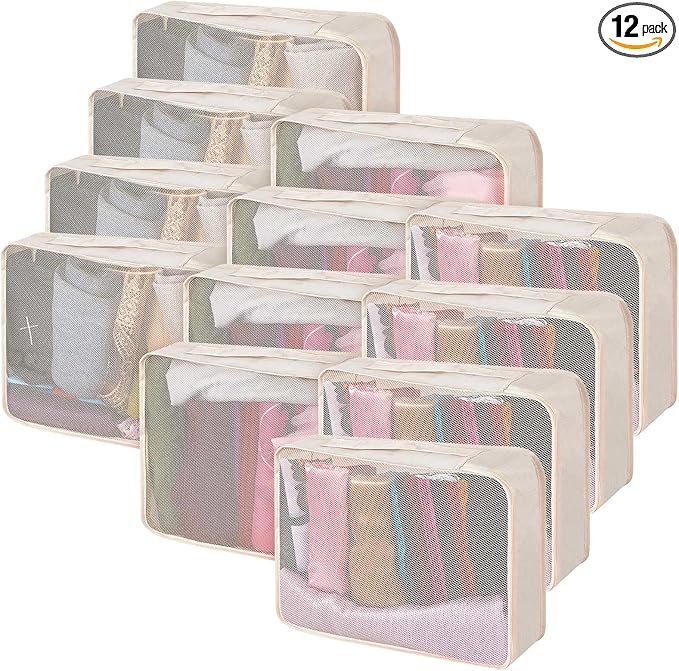 Silkfly 12 Pcs Packing Cubes for Suitcase Travel Luggage Bags Bulk Mesh Organizer Set for Hiking Camping Backpacking Clothes Accessories (Khaki)