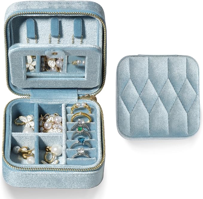 Velvet Jewelry Box â Travel Jewelry Case Organizer with Mirror, Adjustable Compartments for Women | Luxury Storage Case & Gift for Her - Light Blue