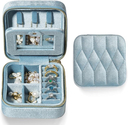 Velvet Jewelry Box â Travel Jewelry Case Organizer with Mirror, Adjustable Compartments for Women | Luxury Storage Case & Gift for Her - Light Blue