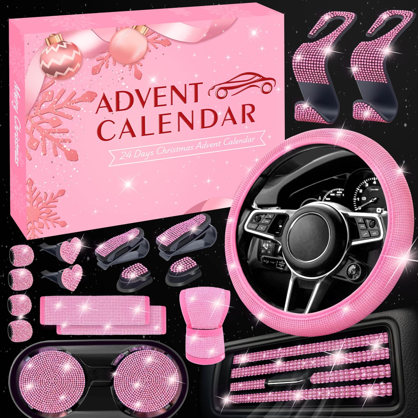 Advent Calendar 2025 for Women - 24 Days of Pink Car Accessories Gift Set, Christmas Countdown Calendar with Sparkly Interior Décor, Luxury Holiday Gifts for Wife, Girlfriend, Mom, Coworker