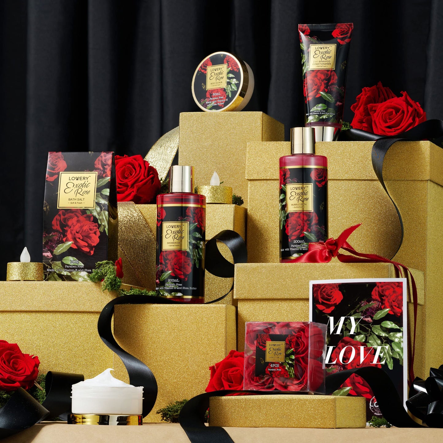 Anniversary Gifts for Women - Exotic Rose Gift Basket for Women, Spa Bath and Body Gift Set, Mom Gifts for Her, Birthday Gift with Body Scrub, Bubble Bath, Lotion & More