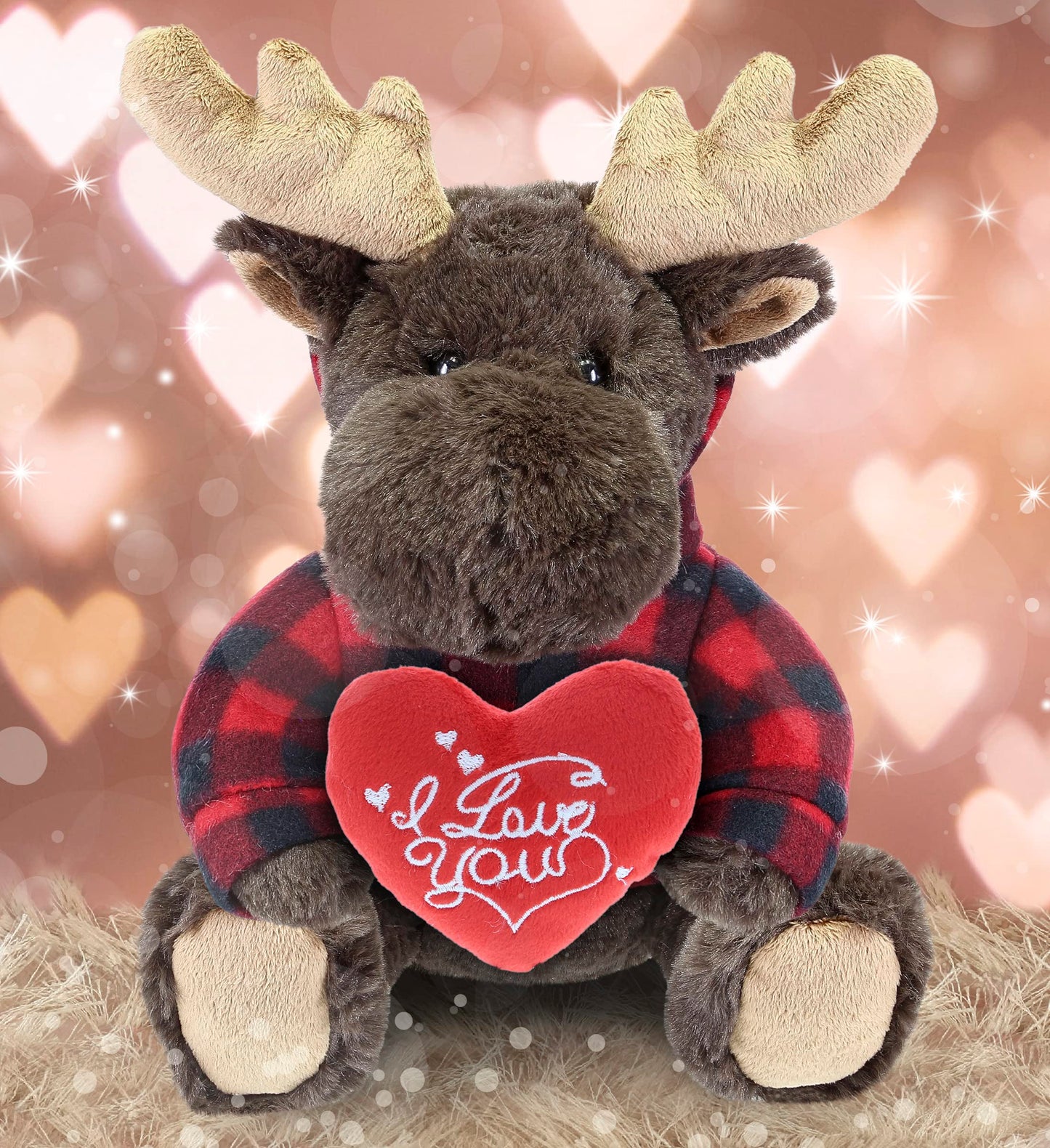 DolliBu I Love You Valentine Plush Moose with Red Plaid Hoodie - Cute Stuffed Animal with Red Heart and Name Personalization Gift for Valentines Day, Birthday, Anniversary, Romantic Date - 10 Inches