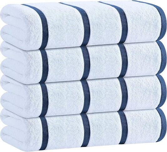 White Classic Cotton Pool Towels Oversized 30 x 60 Inches, Ultra Absorbent and Low Lint Striped Beach Towels for Adults, Stripes Design Luxury Extra Large Bath Towels, Navy Blue, 4 Pack