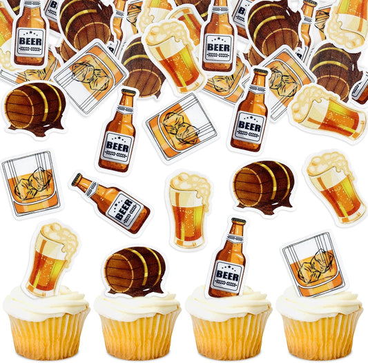 Ercadio 40Pcs Edible Beer Party Cupcake Toppers Beer Kegs Cupcake Picks for Men Birthday Cupcake Decorations Father's Day Cheers and Beers Alcohol Birthday Party Decor Supplies