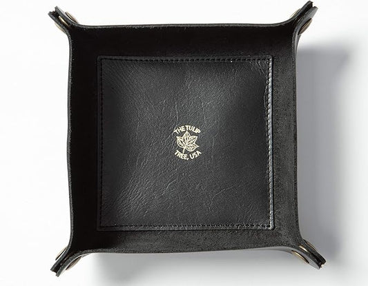 USA Handmade Premium Leather Valet Tray, Folds Flat! Dice Rolling Basket and Organizer with Brass Snaps - for Keys, Jewelry, Coin, EDC, Watch Storage Caddy - Black Medium