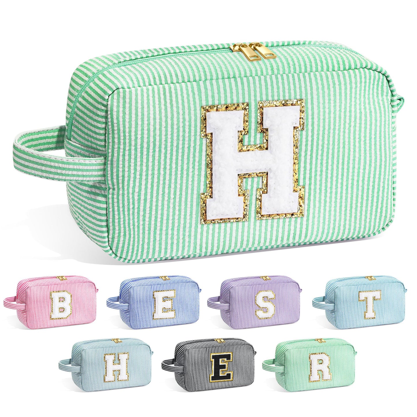 YOOLIFE Initial Makeup Bag - Personalized Monogram Cute Green Makeup Bag Cosmetic Travel Toiletry Pouch Make Up Case for Women Mom Best Friend Bridesmaid Sister Teacher, Birthday Gifts for Women Her H