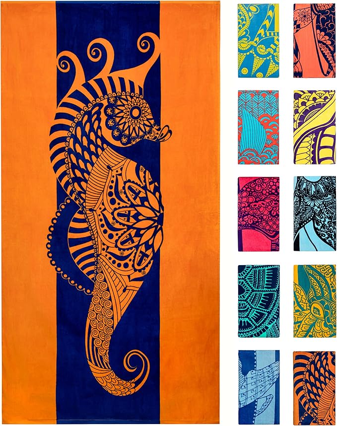 Nova Blue Seahorse Beach Towel â Blue and Orange with A Tropical Design, Extra Large, XL (34âx 63â) Vibrant, Bright, Colorful Pool Towel Made from 100% Cotton