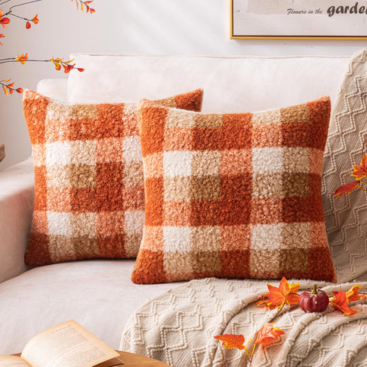 AQOTHES Orange Plaid Fall Throw Pillow Covers 18x18 Inch Set of 2, Boucle Decorative Pillow Covers,Cozy Fluffy Home Living Room Farmhouse Decor for Sofa Couch Bed