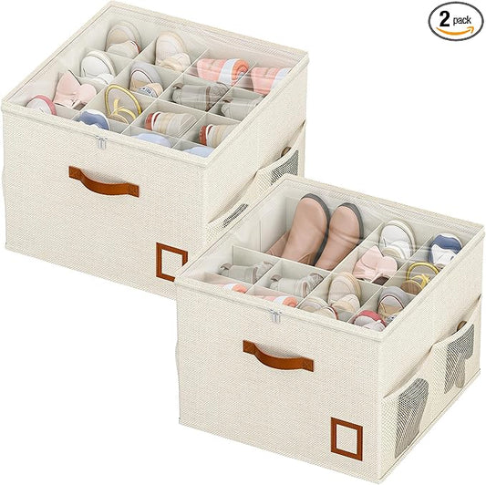 Shoe Organizer for Closet, 2 Pack Foldable Shoe Storage Organizer Box with Adjustable Dividers and Clear Cover, Space Saving Shoe Box with Reinforced Handles, Fits 16-32 Pairs, White