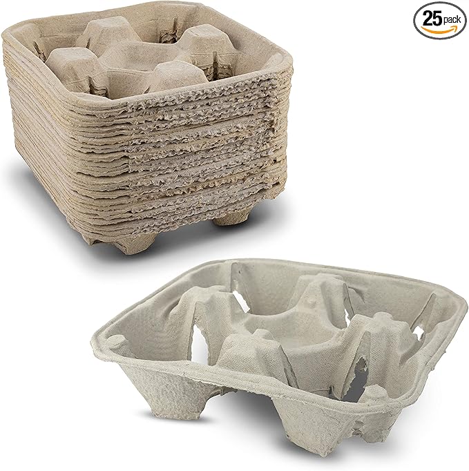 MT Products Pulp Fiber 4 Cup Drink Carrier 8-32 oz. - Drink Holder for Delivery - Pack of 25